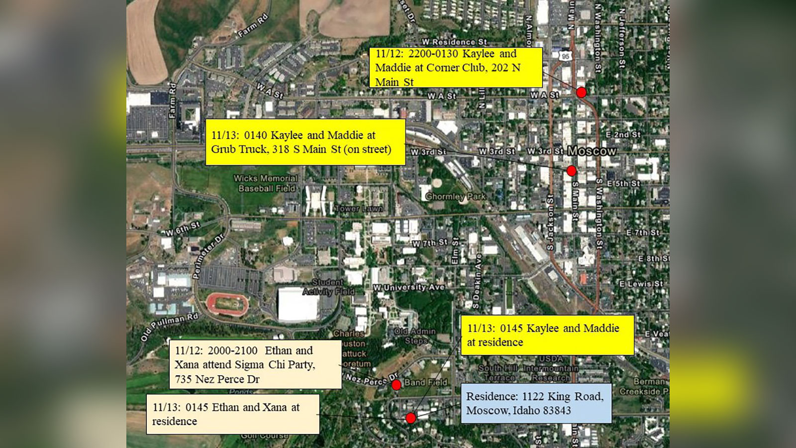 Investigators have released a map depicting the movements of four University of Idaho students the ...