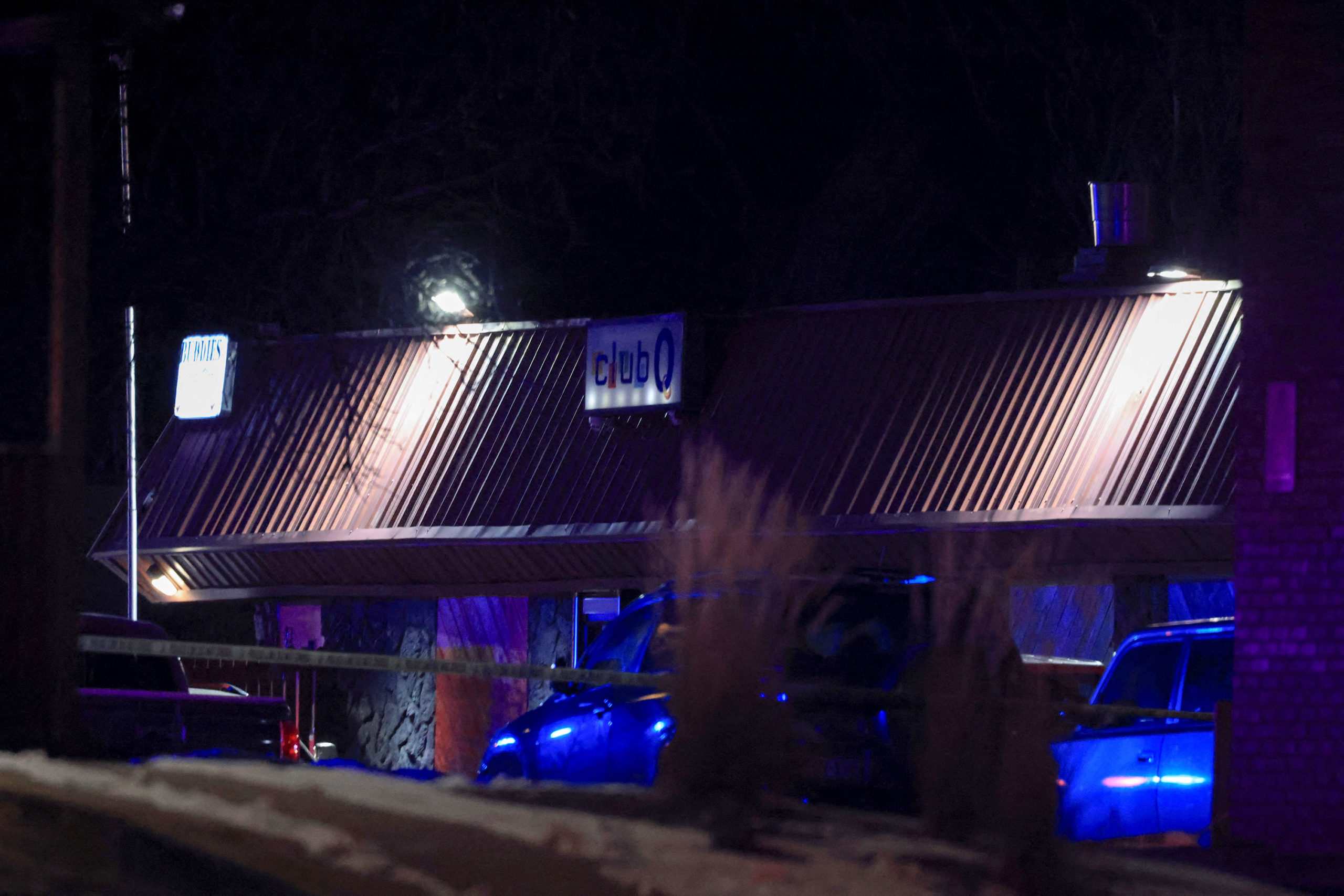 General view of the Club Q gay nightclub as police respond to a mass shooting in Colorado Springs, ...