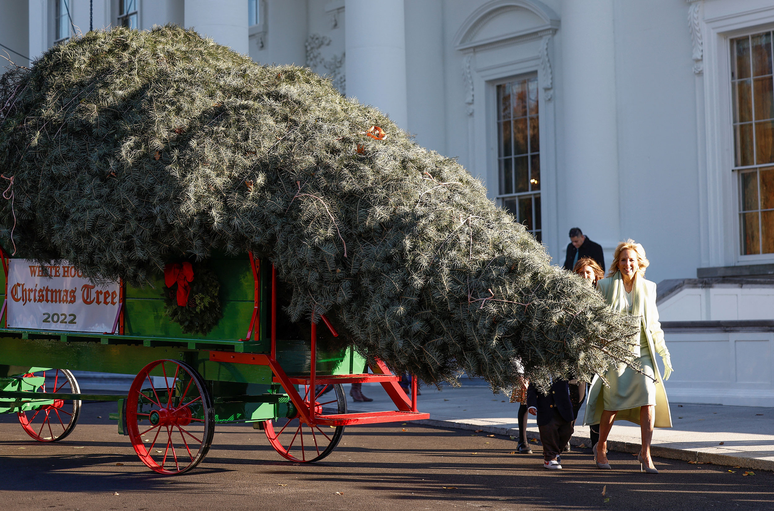 U.S. First lady Jill Biden receives the official 2022 White House Christmas Tree at the White House...