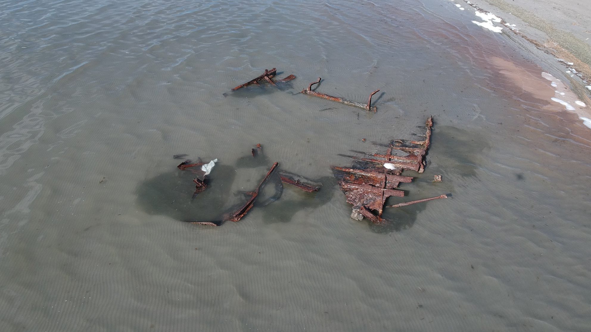 remnants of a shipwreck pictured in the Great Salt Lake...