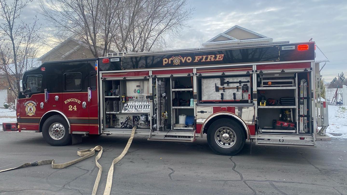 provo fire truck is pictured, responding to fires...