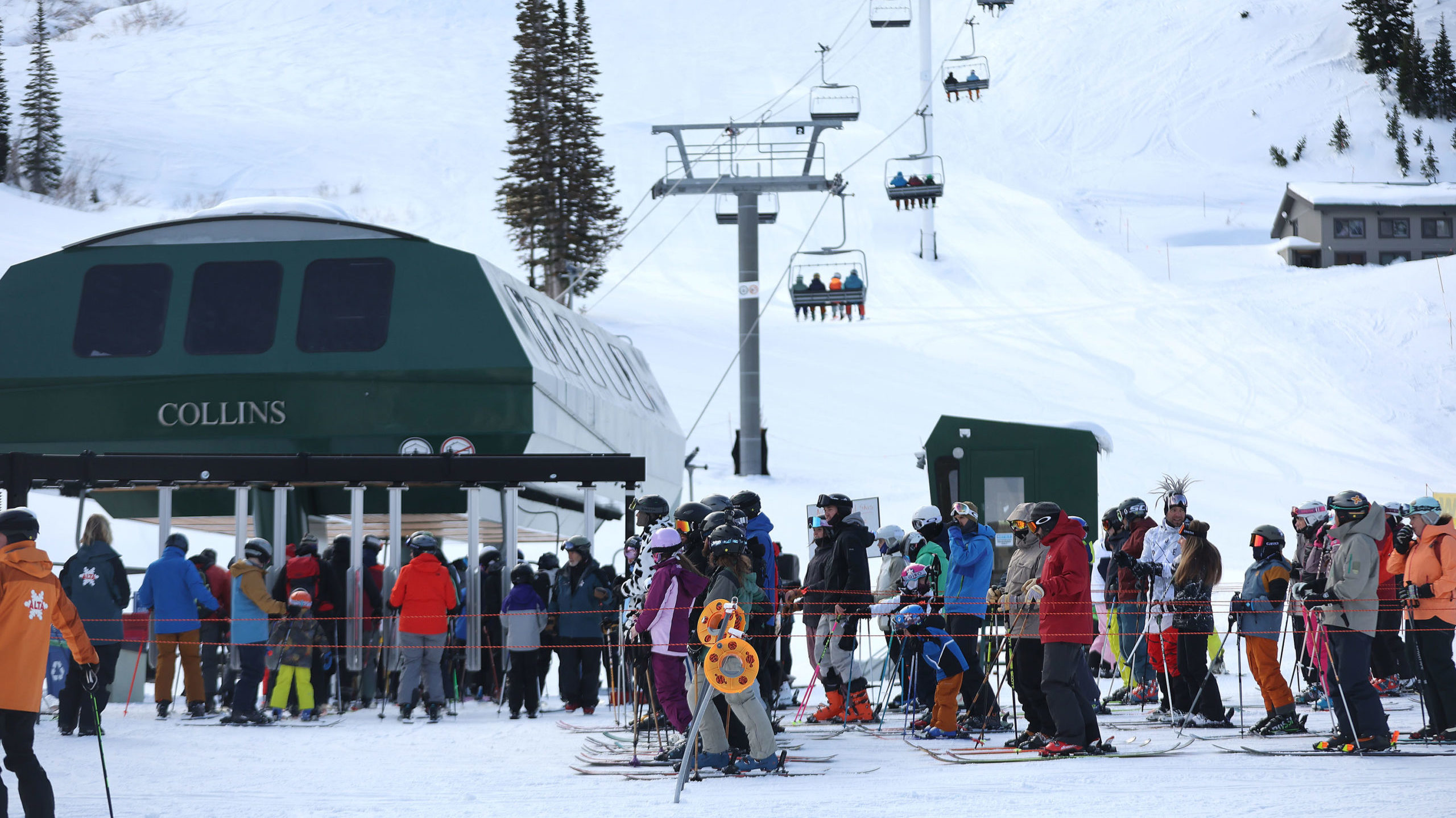Skiers wait in line at Alta ski resort...