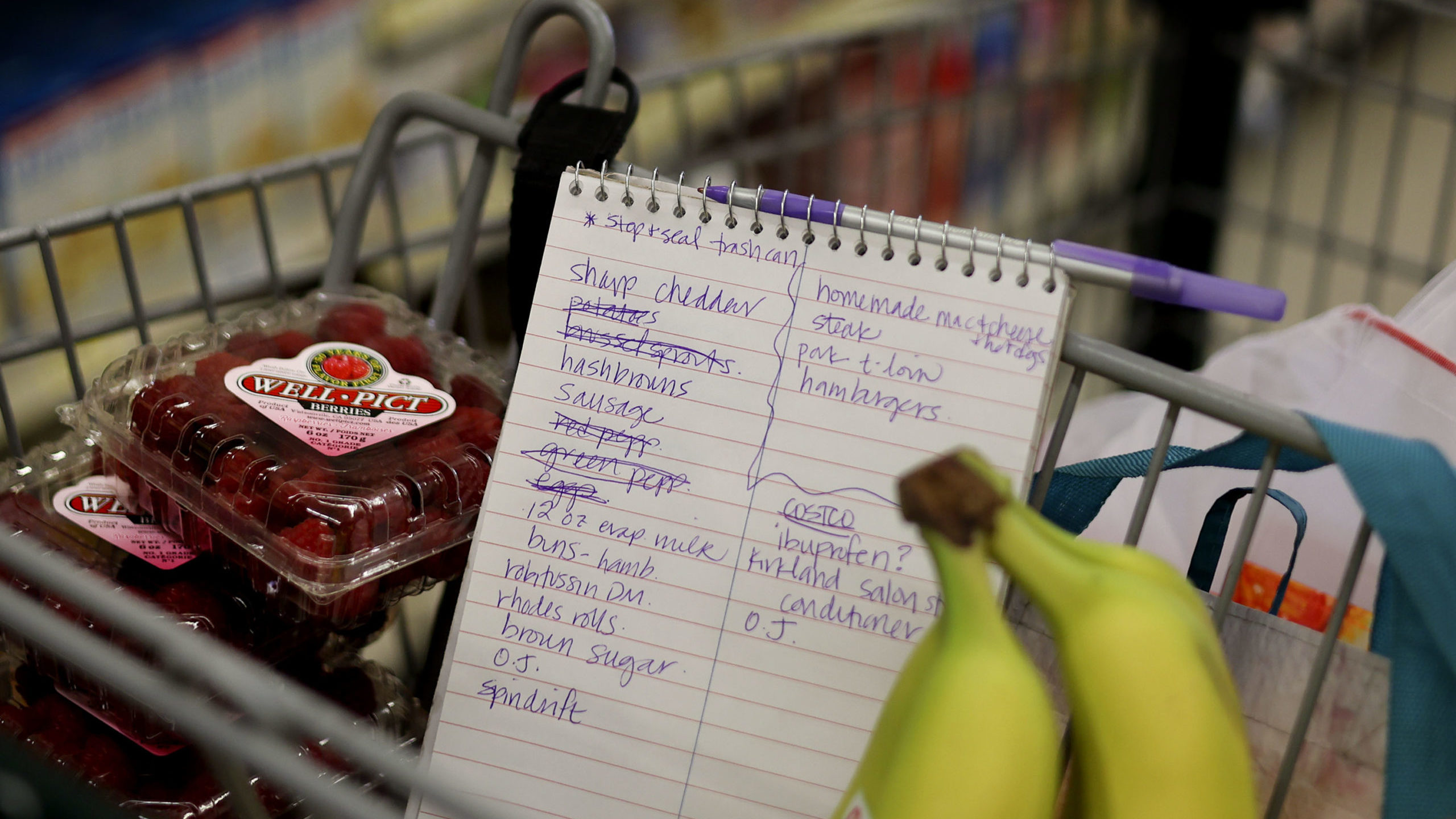 grocery shopping list is pictured in a shopping cart, inflation is hitting shoppers hard...