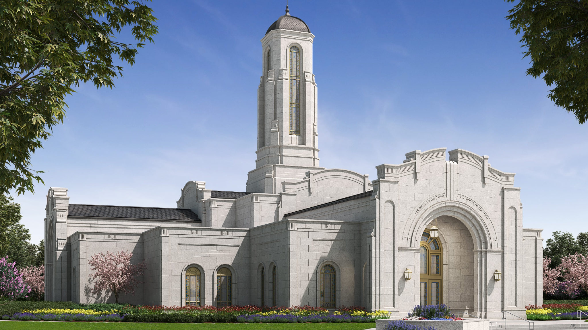 A rendering of the Modesto California Temple of The Church of Jesus Christ of Latter-day Saints. Ph...