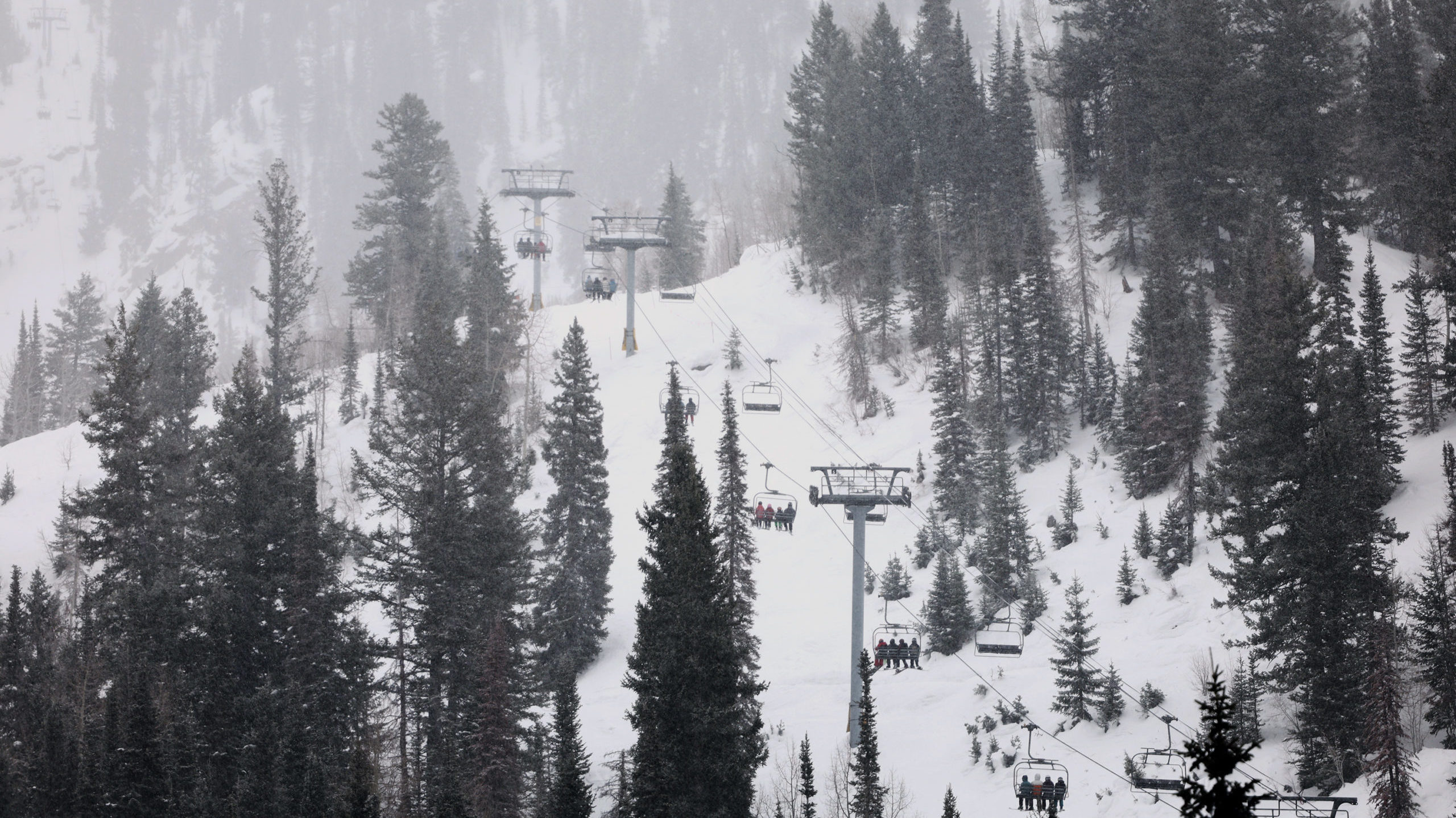 skiers on a ski lift travel over snowy mountains, utah weather calls for more snow...