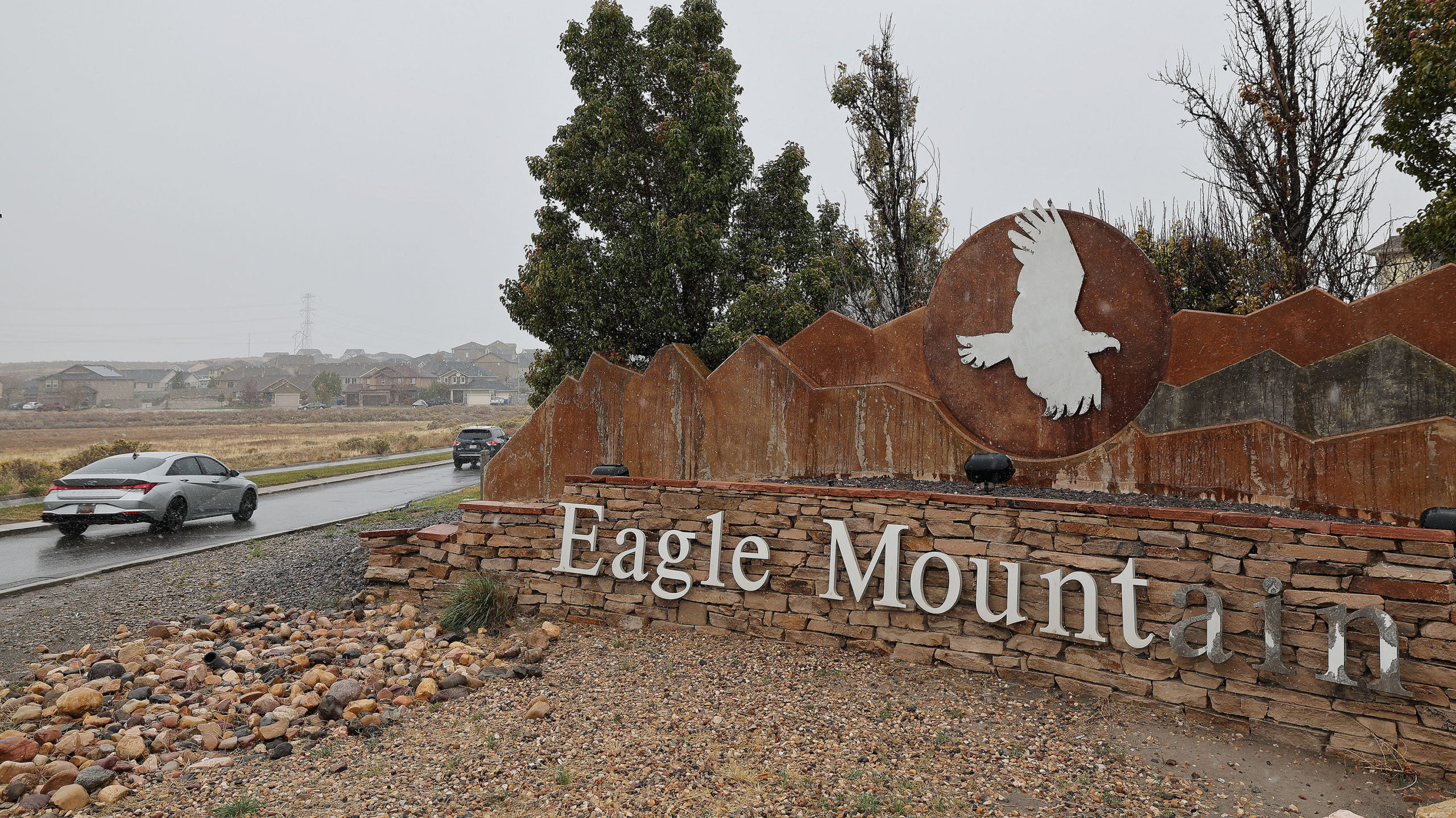 An Eagle Mountain sign is pictured in Utah County, one of three neighborhoods affected by a power o...
