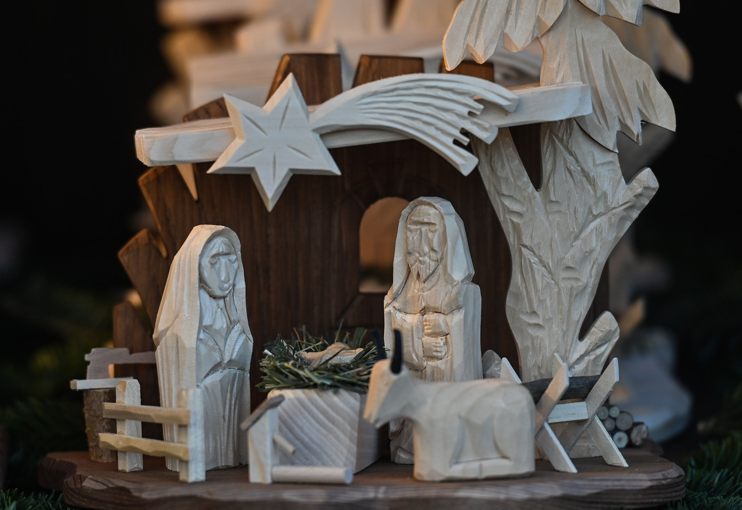 View of a wooden Nativity Scene on display at the Christmas Market on the Main Market Square in Kra...
