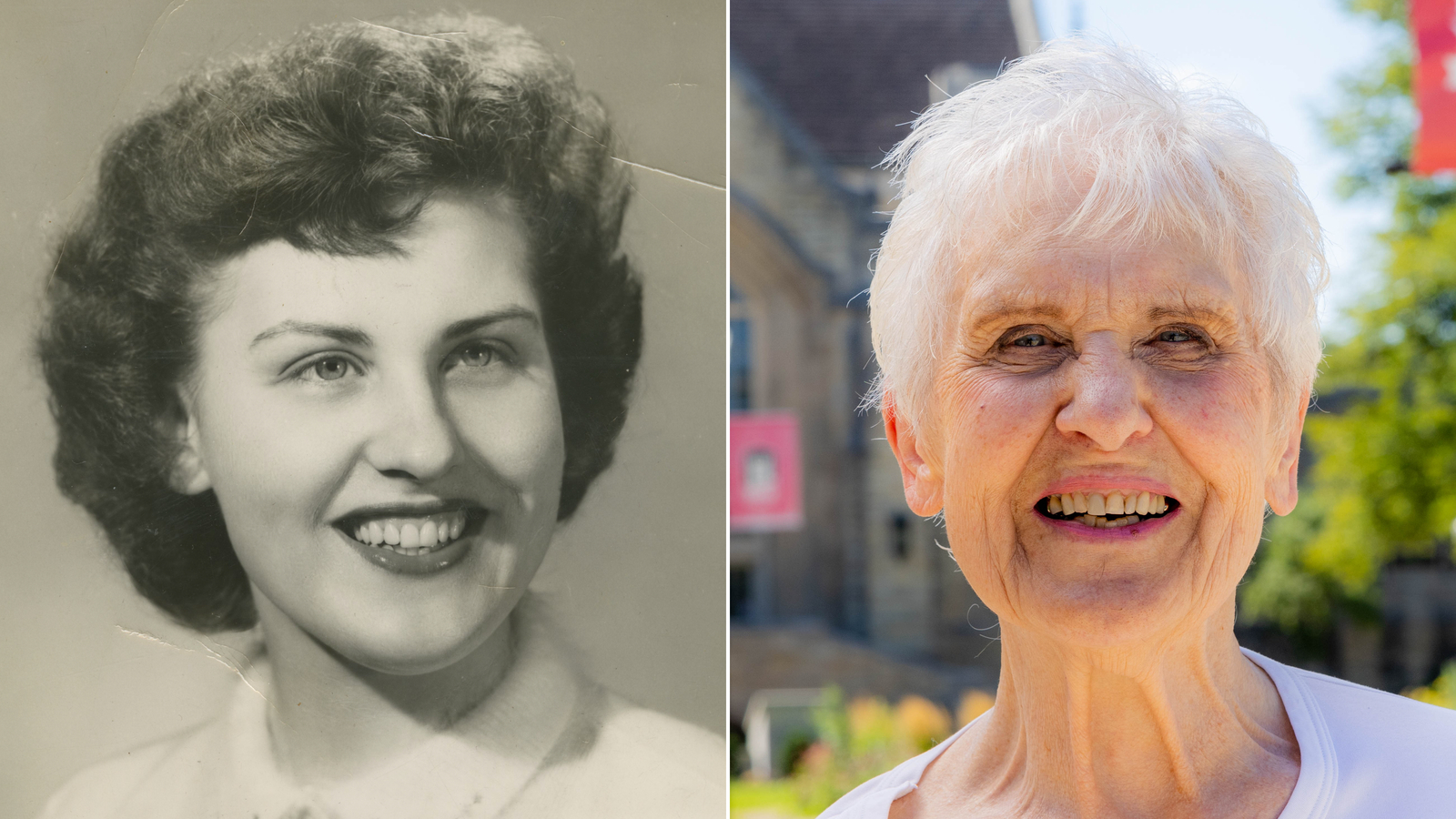 Joyce DeFauw's senior photograph from 1955, left, and the when she visited the college campus in Au...