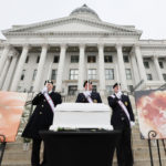 The Knights of Columbus honor guard stands by a symbolic casket during a Pro-Life Utah memorial at the Capitol in Salt Lake City on Wednesday, Jan. 25, 2023.
