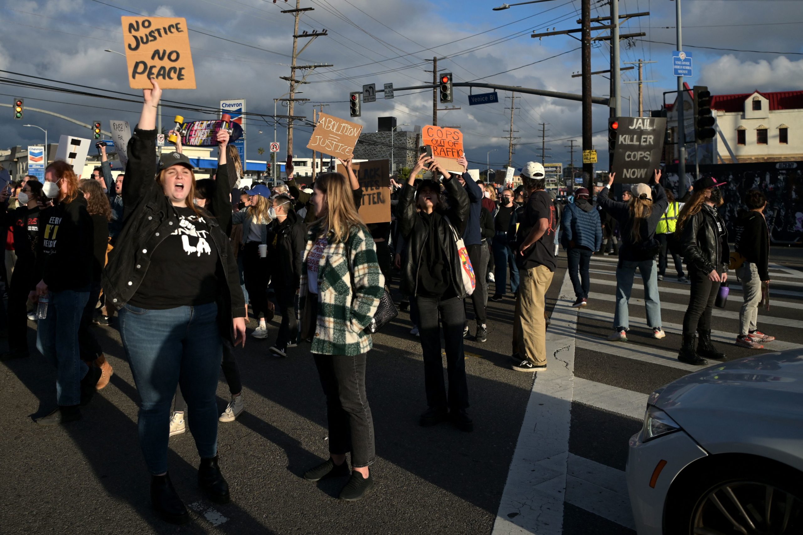 Protesters block traffic as they rally against the fatal police assault of Tyre Nichols, in Venice,...