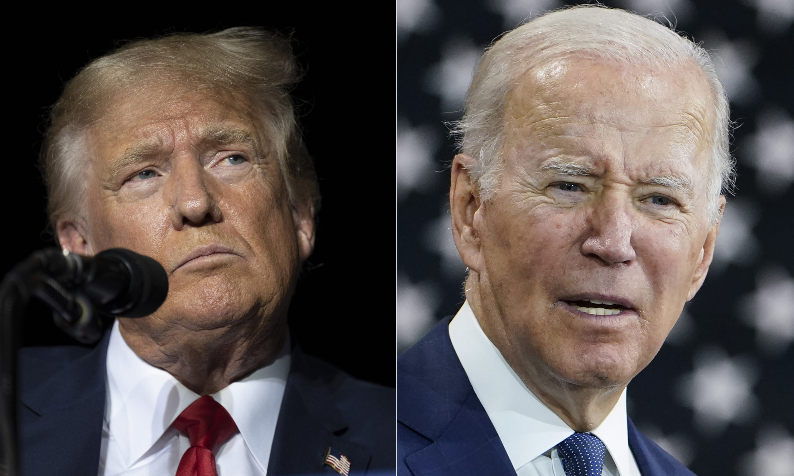This combination of photos shows former President Donald Trump, left, and President Joe Biden, righ...