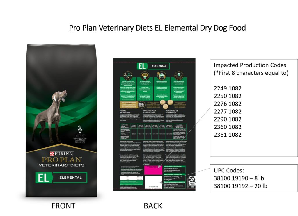 Nestlé Purina PetCare Company is voluntarily recalling select lots of Purina Pro Plan Veterinary Diets EL Elemental (PPVD EL) prescription dry dog food due to potentially elevated levels of vitamin D.