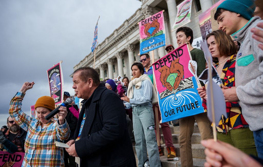 Former chairman of the Northwestern Band of the Shoshone Nation Darren Parry speaks at a "Rally to ...