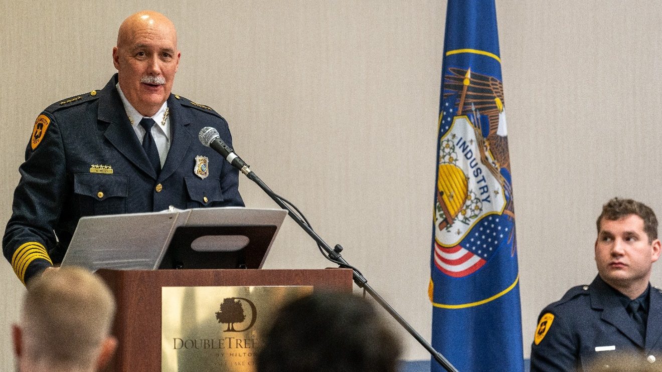 Salt Lake City Police Chief Mike Brown speaks Thursday, Feb. 16, 2023, at the graduation of 19 poli...
