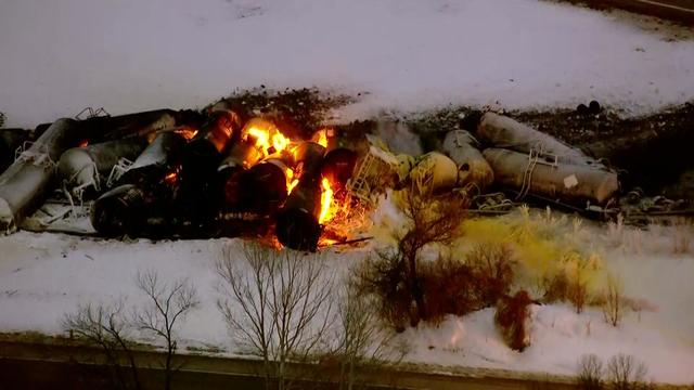 A train hauling ethanol derailed Thursday morning in Raymond, Minnesota, igniting several rail cars...