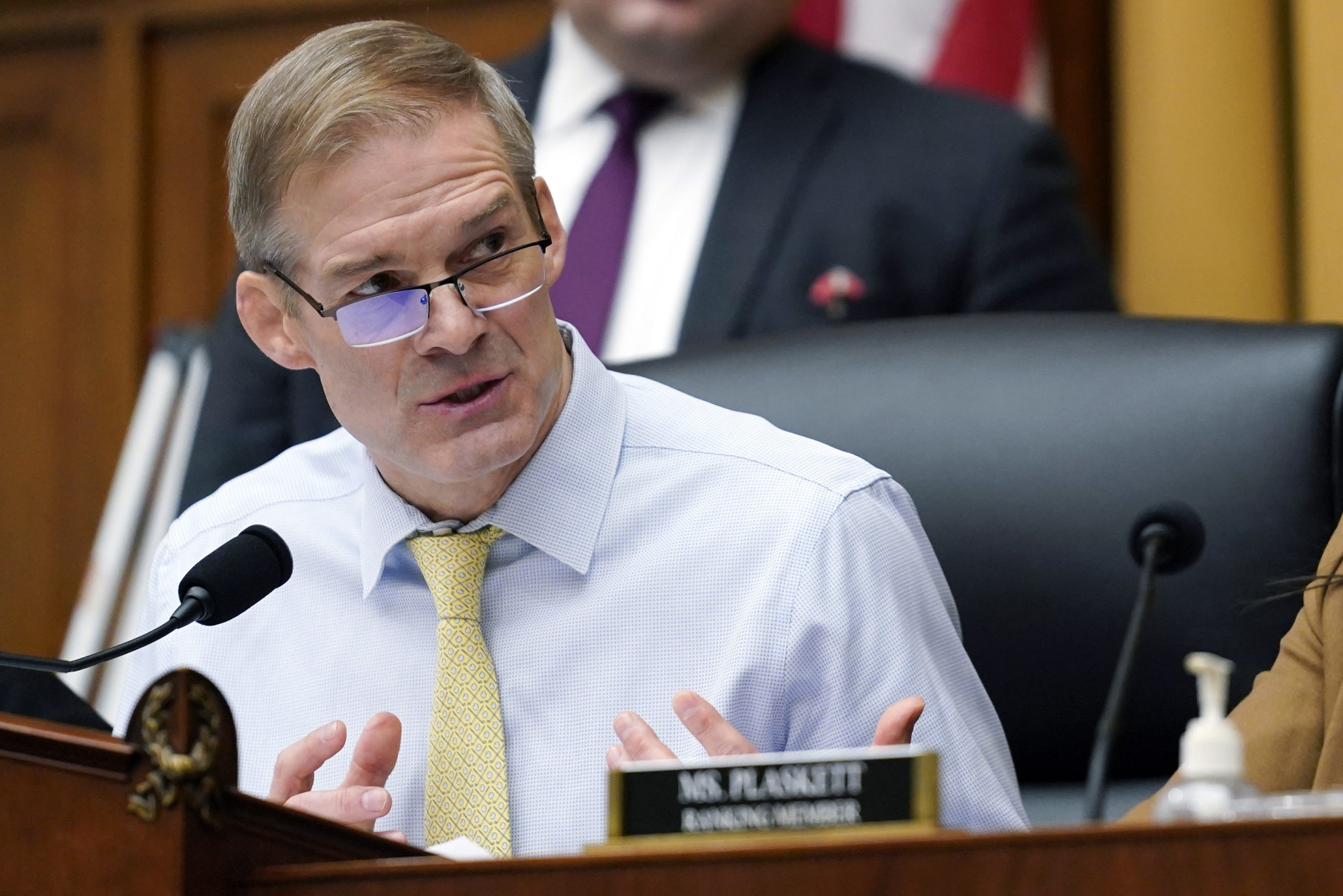 FILE - Chairman Jim Jordan, R-Ohio, left, speaks during a House Judiciary subcommittee hearing on C...