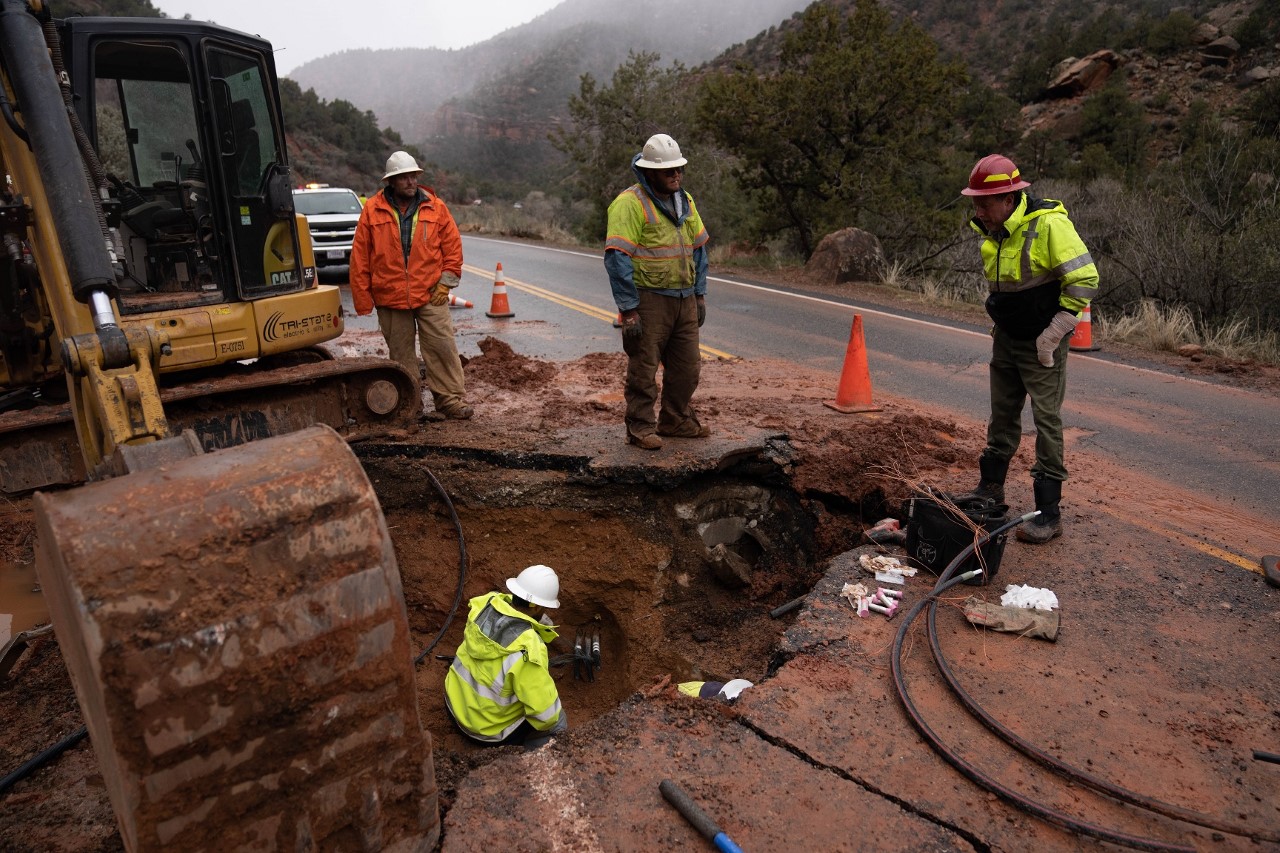 National Park Services at Zion National Park are working to repair road damage after rockfalls on Z...