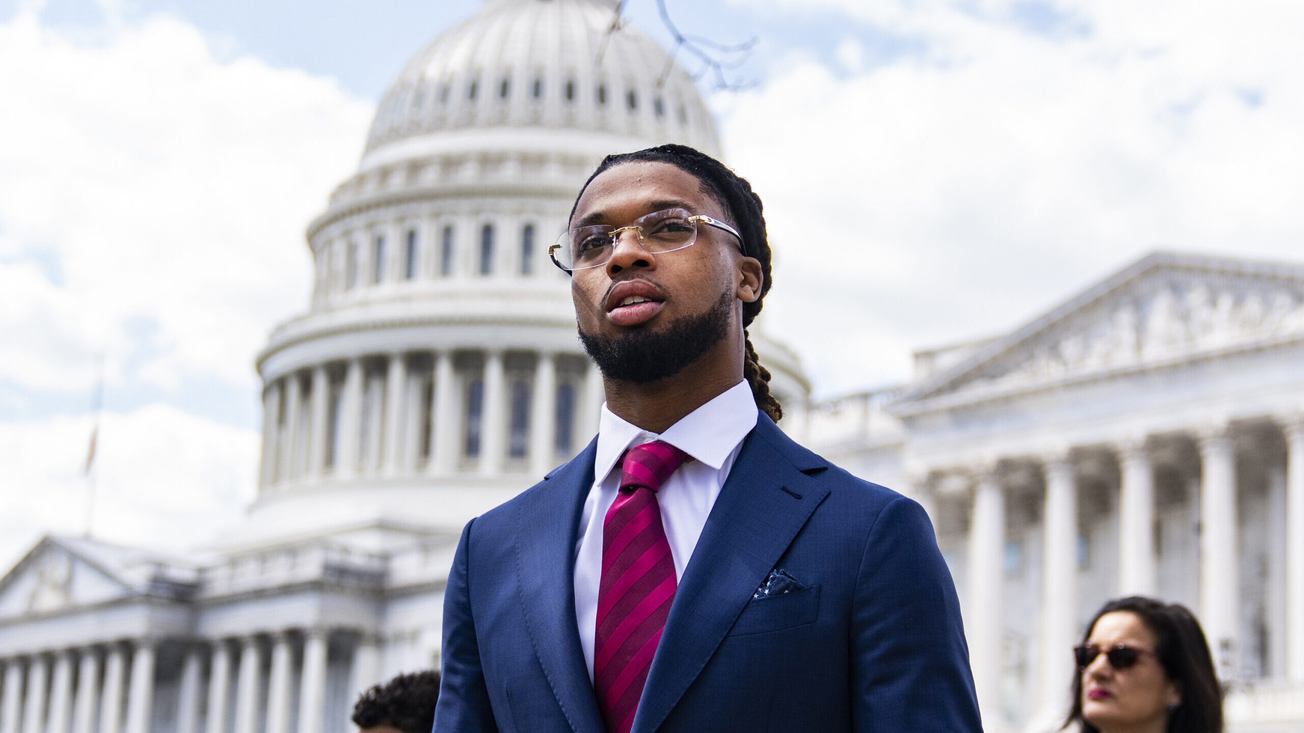 Buffalo Bills safety Damar Hamlin spoke on Capitol Hill on March 29 in support of the Access to AED...