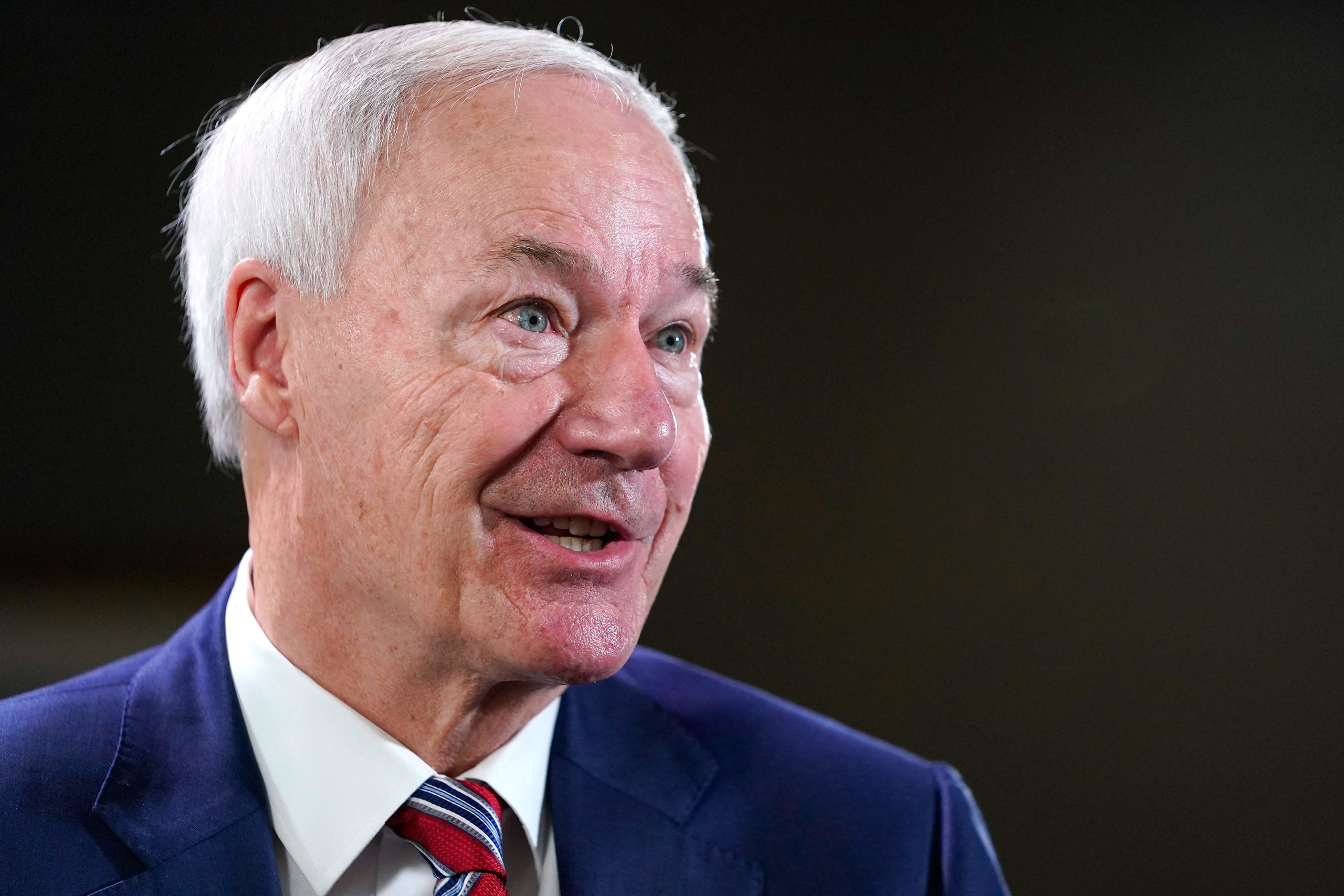 Arkansas Governor Asa Hutchinson responding during an interview with the Associated Press, Tuesday,...