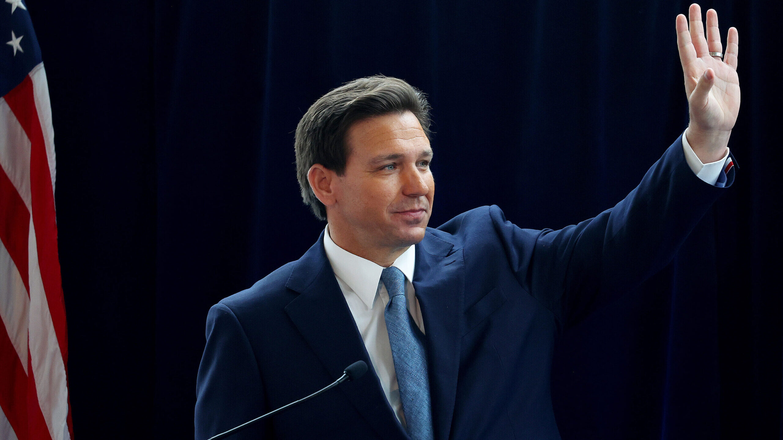 Florida Gov. Ron DeSantis waves to the crowd at the Reagan Library in Simi Valley, California, on M...
