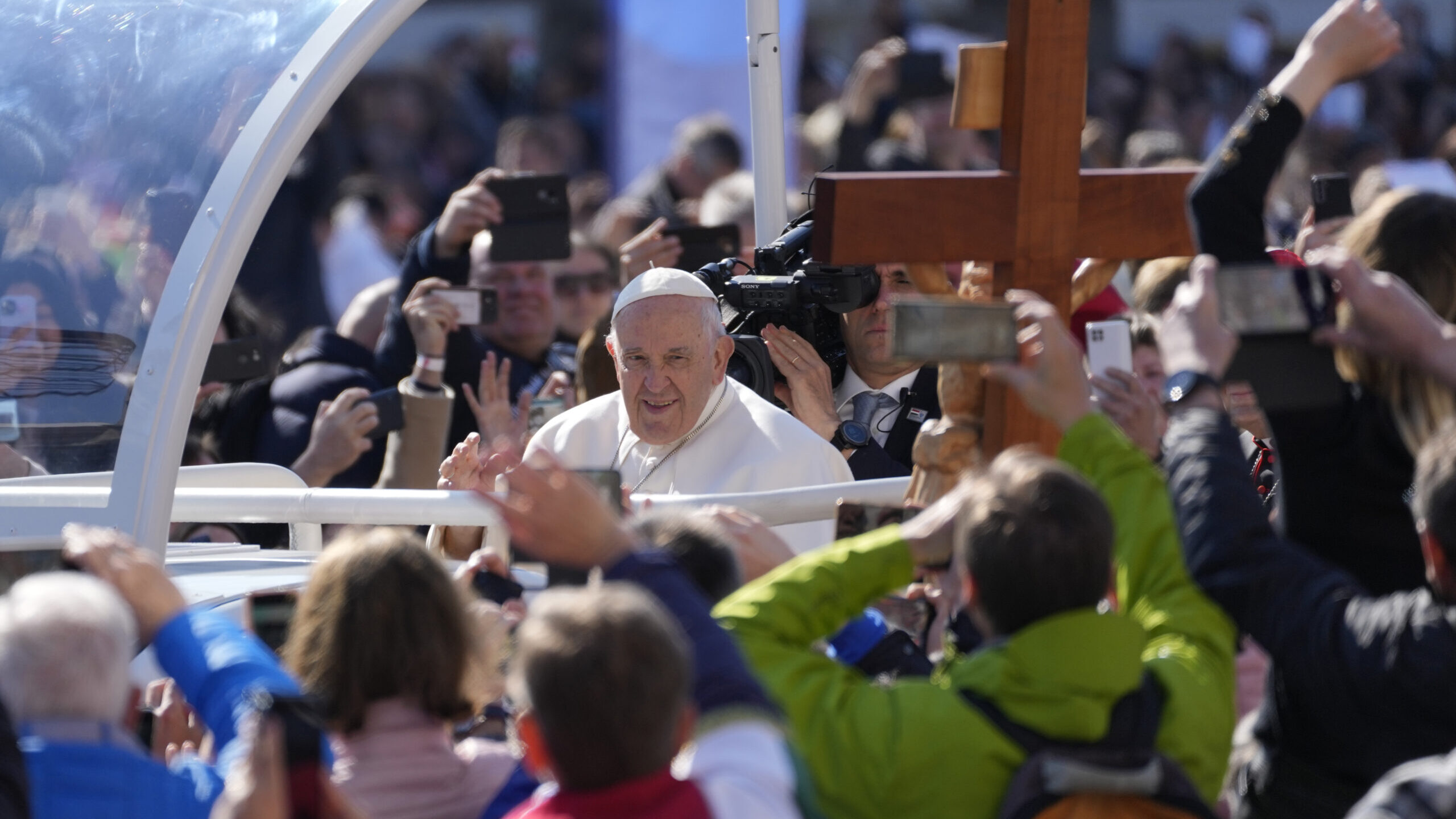 Pope Francis arrives for a mass in Kossuth Lajos' Square in Budapest, Hungary, Sunday, April 30, 20...