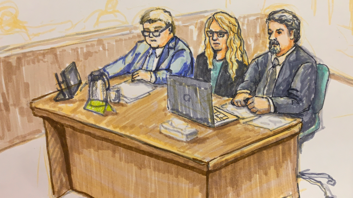 a sketch of lori vallow daybell and her lawyers during her trial is pictured...