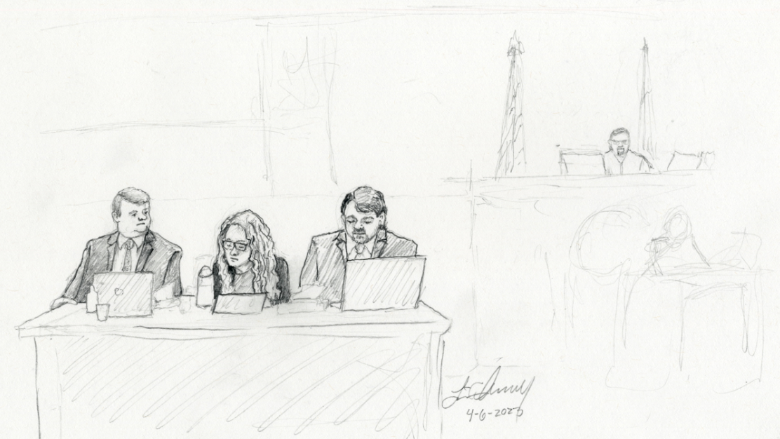 lori vallow daybell and her lawyers at her trial are shown in a sketch...