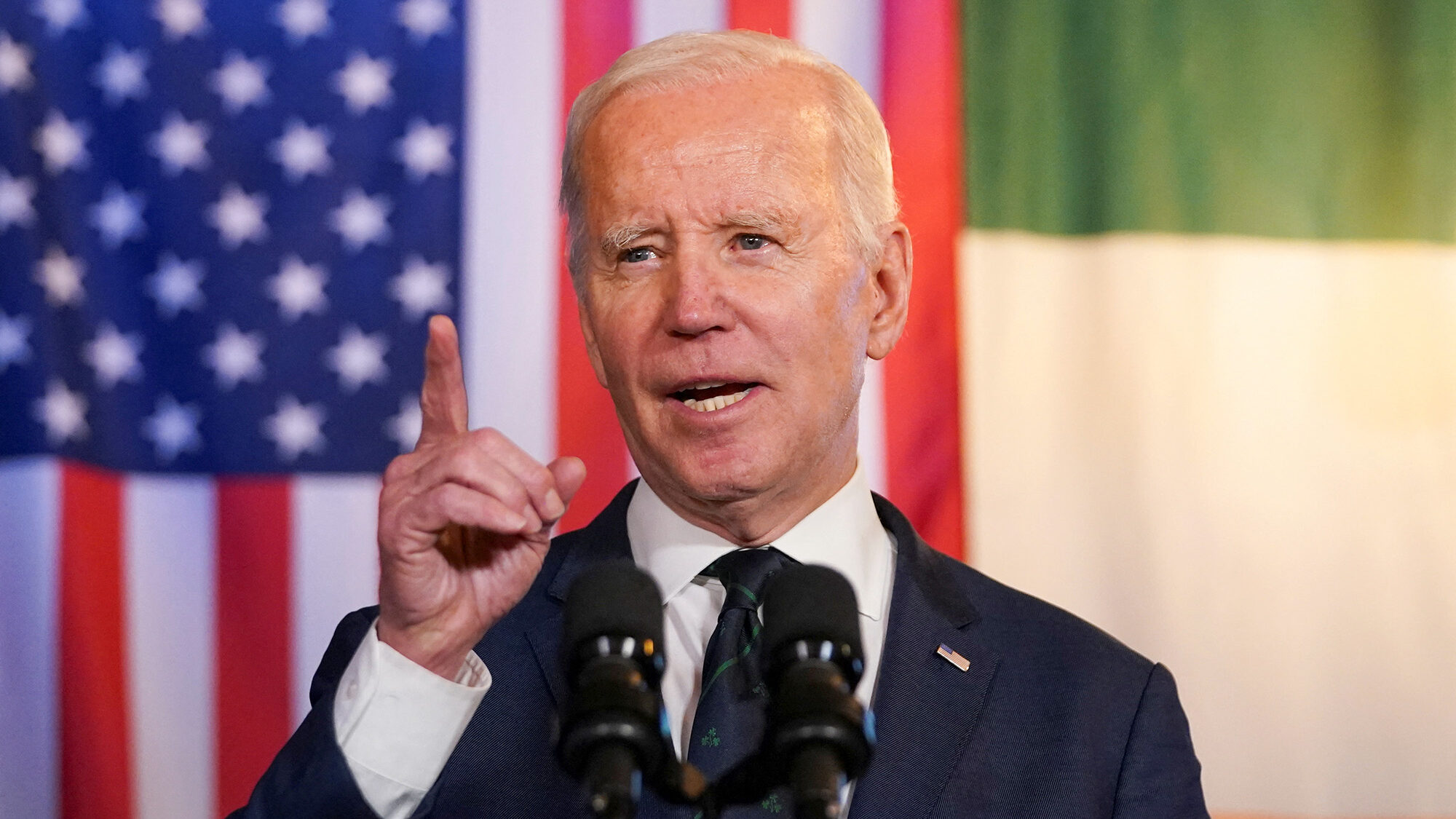 U.S. President Joe Biden speaks in a pub in Dundalk, Ireland, April 12, 2023. REUTERS/Kevin Lamarqu...