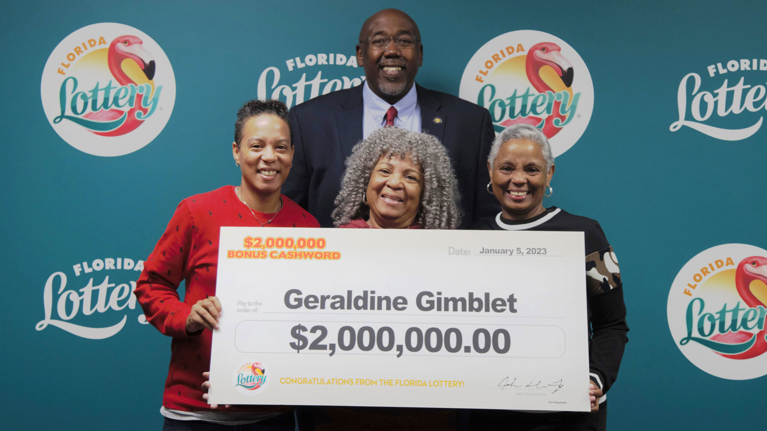 Geraldine Gimblet, center, won $2 million in the Florida Lottery after buying a $10 scratch-off tic...