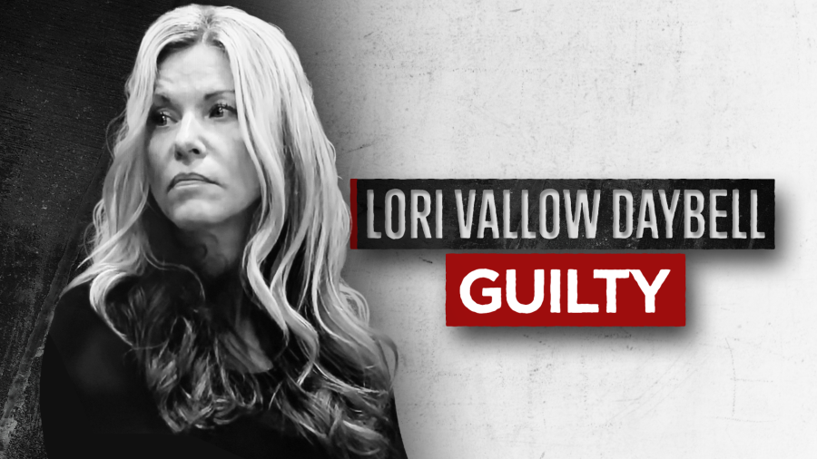 a photo of lori vallow daybell is shown with the text not guilty...