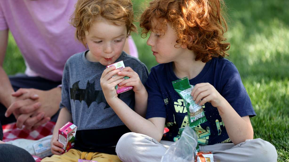 Jude Monson shares a juice box with Remi Monson as they eat bagged lunches from the Utah Food Bank ...