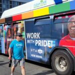 Pride-wrapped UTA bus pulled from downtown Pride Parade