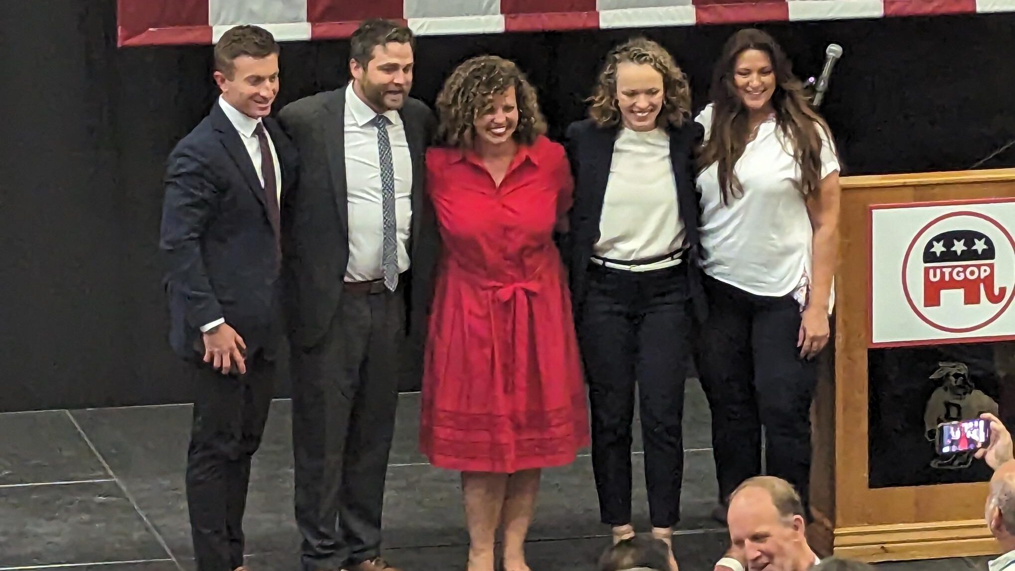 Utah Congressional 2nd District candidate Celeste Maloy, center, 
won the Utah GOP nomination in th...