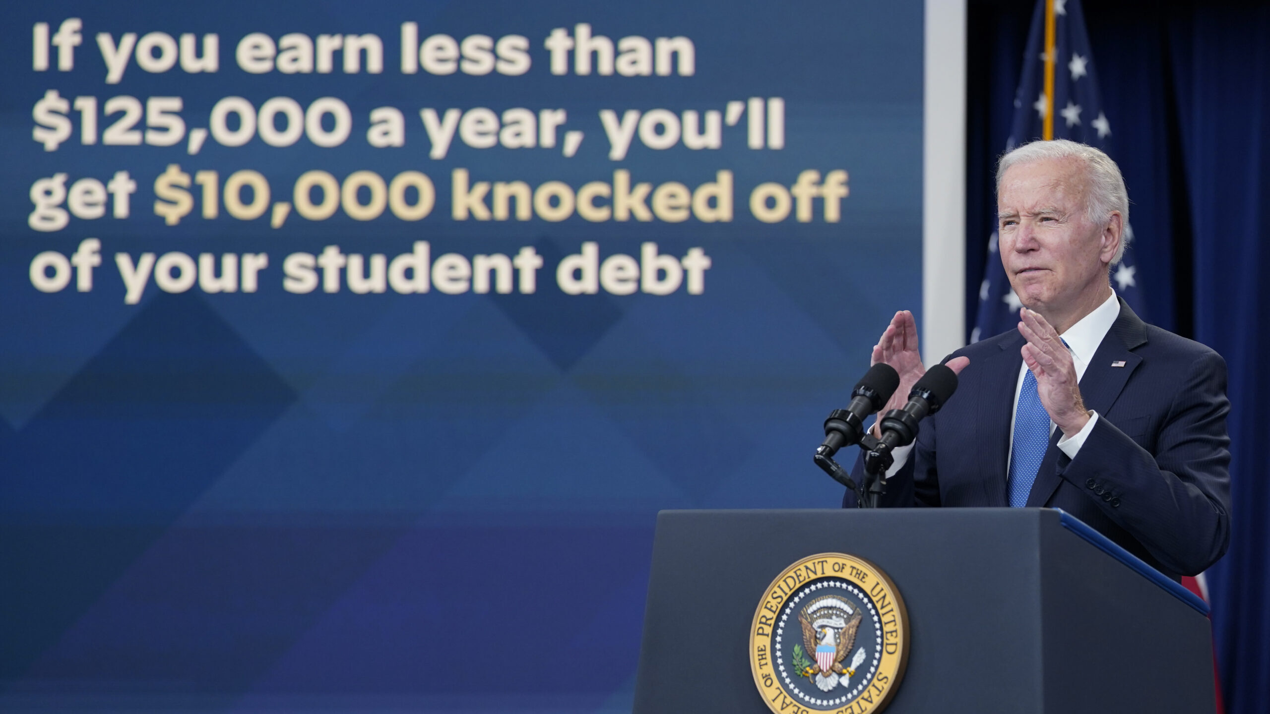 FILE - President Joe Biden speaks about the student debt relief portal beta test in the South Court...