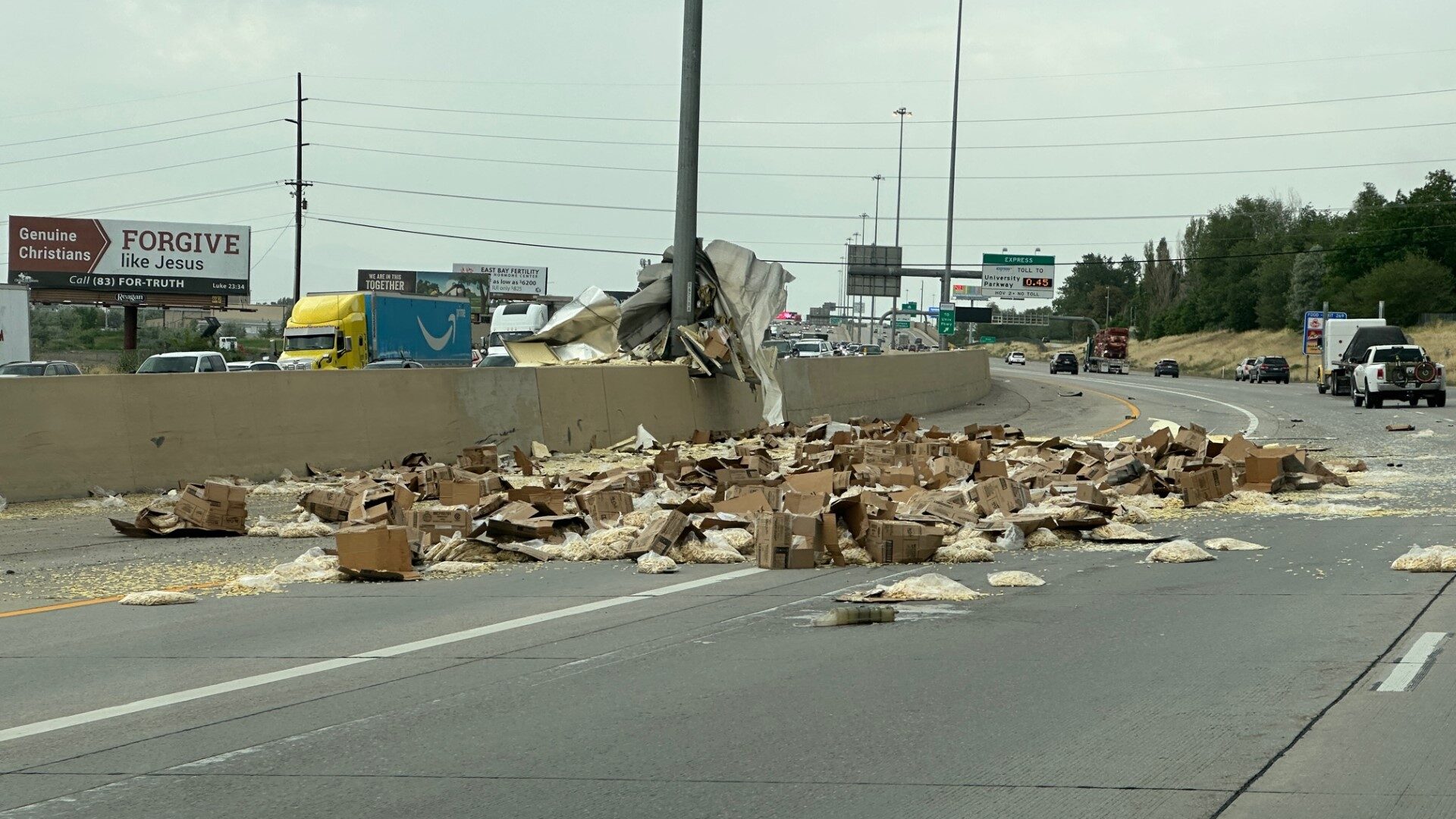 Lots of french fries got dumped on to I-15 north of Center St./Provo Sunday afternoon, blocking lef...