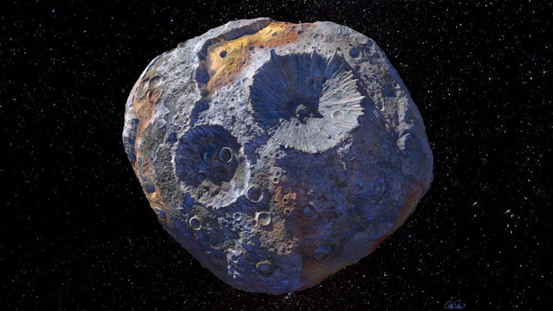 This rendering shows how scientists think the Psyche asteroid appears up close. Photo credit: Maxar...