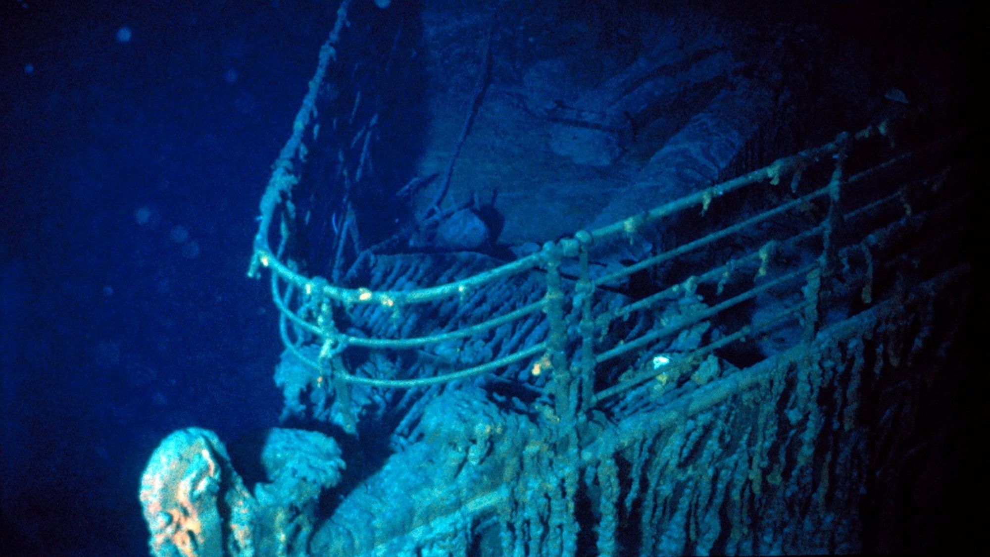 The bow of the Titanic, photographed during an early dive to the vessel in 1986. Photo credit: Wood...