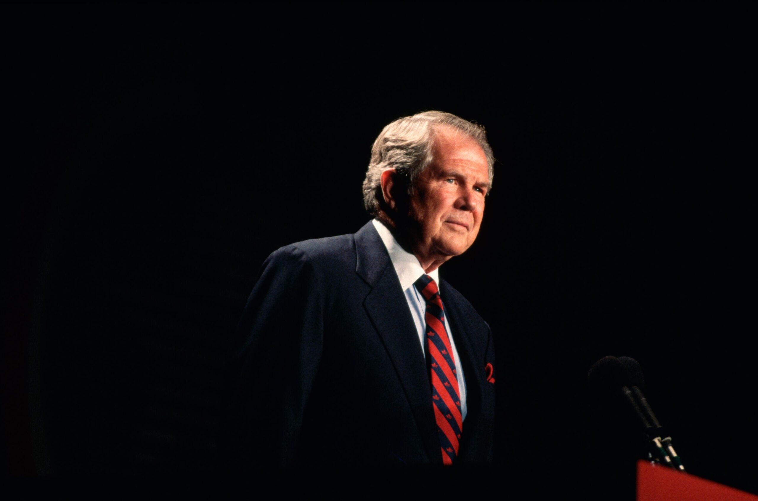 Television evangelist and conservative political activist Pat Robertson speaks to a meeting of the ...
