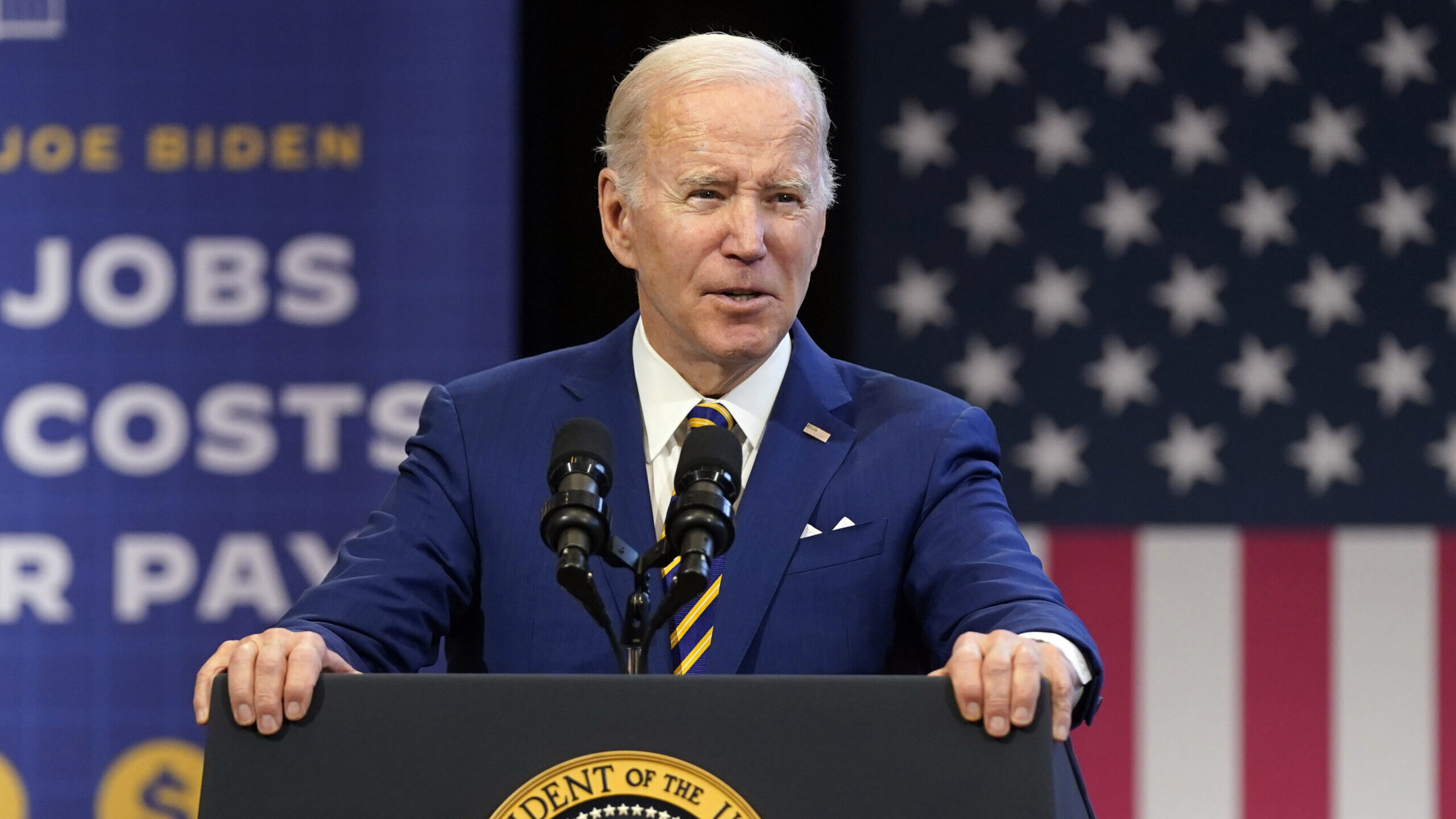 FILE - President Joe Biden speaks about the economy to union members at the IBEW Local Union 26, Fe...