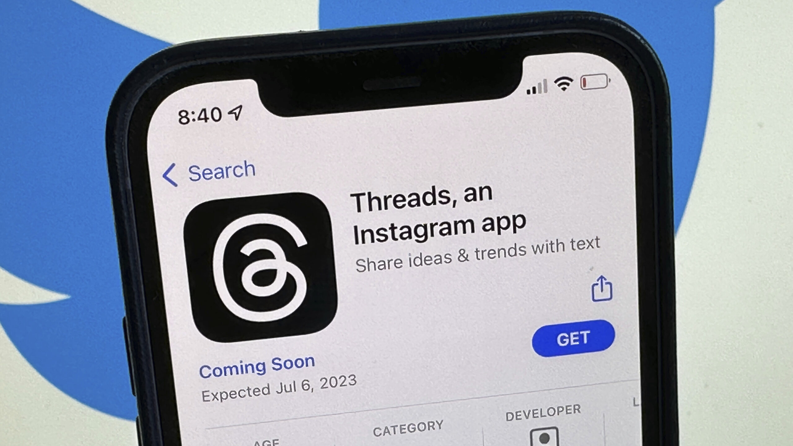 The announcement of the social media app 'Threads' is displayed in Apple's US App Store seen on the...