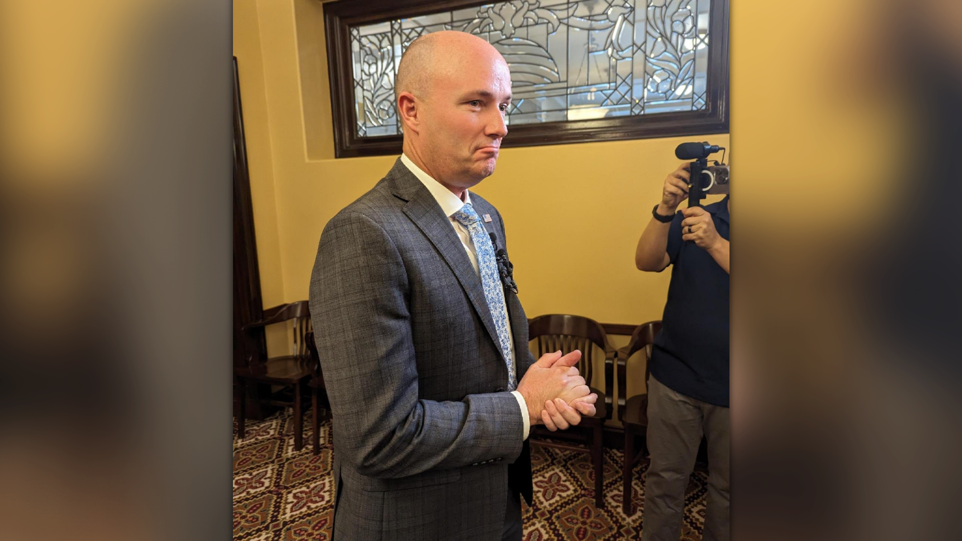 Image of Utah Gov. Spencer Cox, speaking to reporters about the Disagree Better initiative....