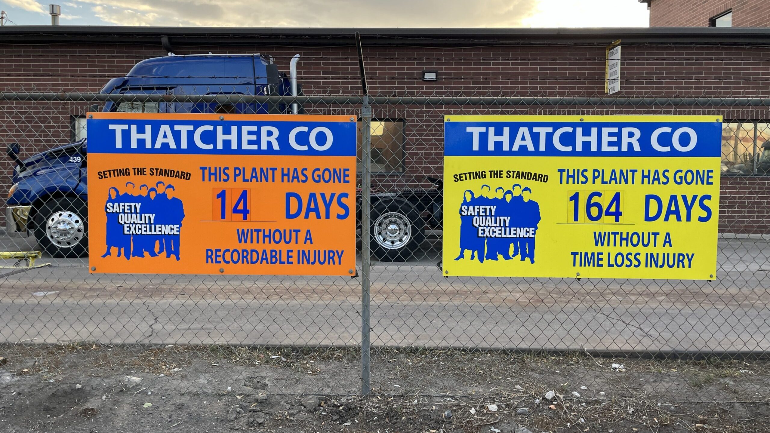signs at thatcher chemical plant show how many days since an accident, an explosion happened at the...