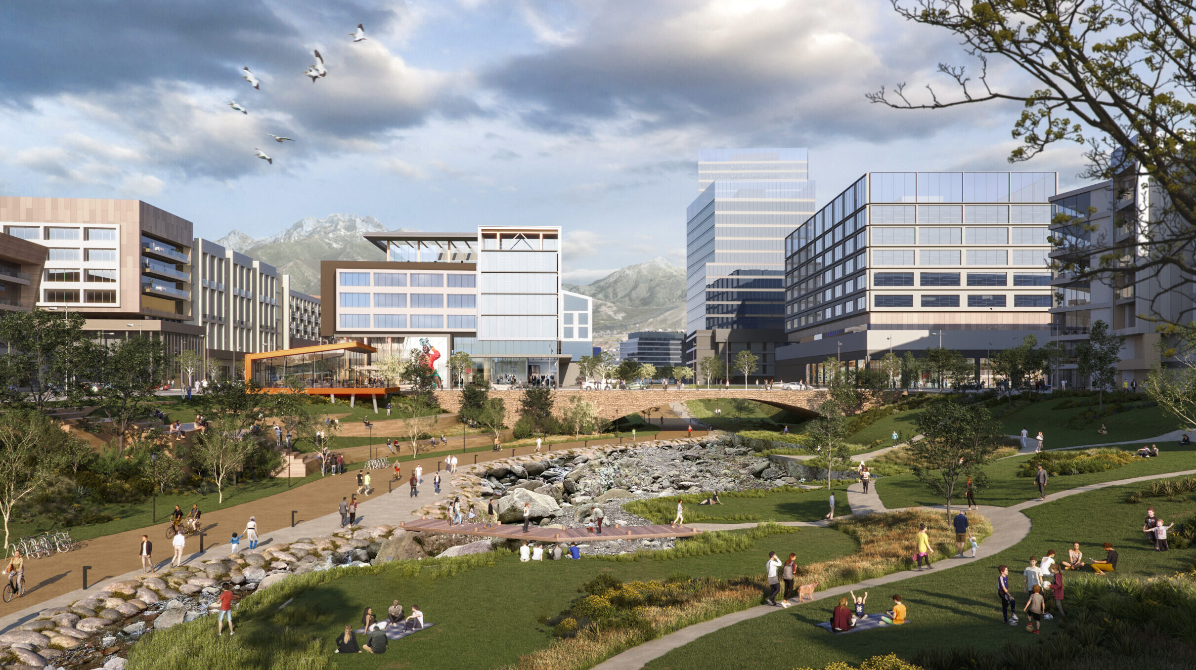 Citizens walk around a park, river, and new buildings in a rendering of The Point development in Dr...