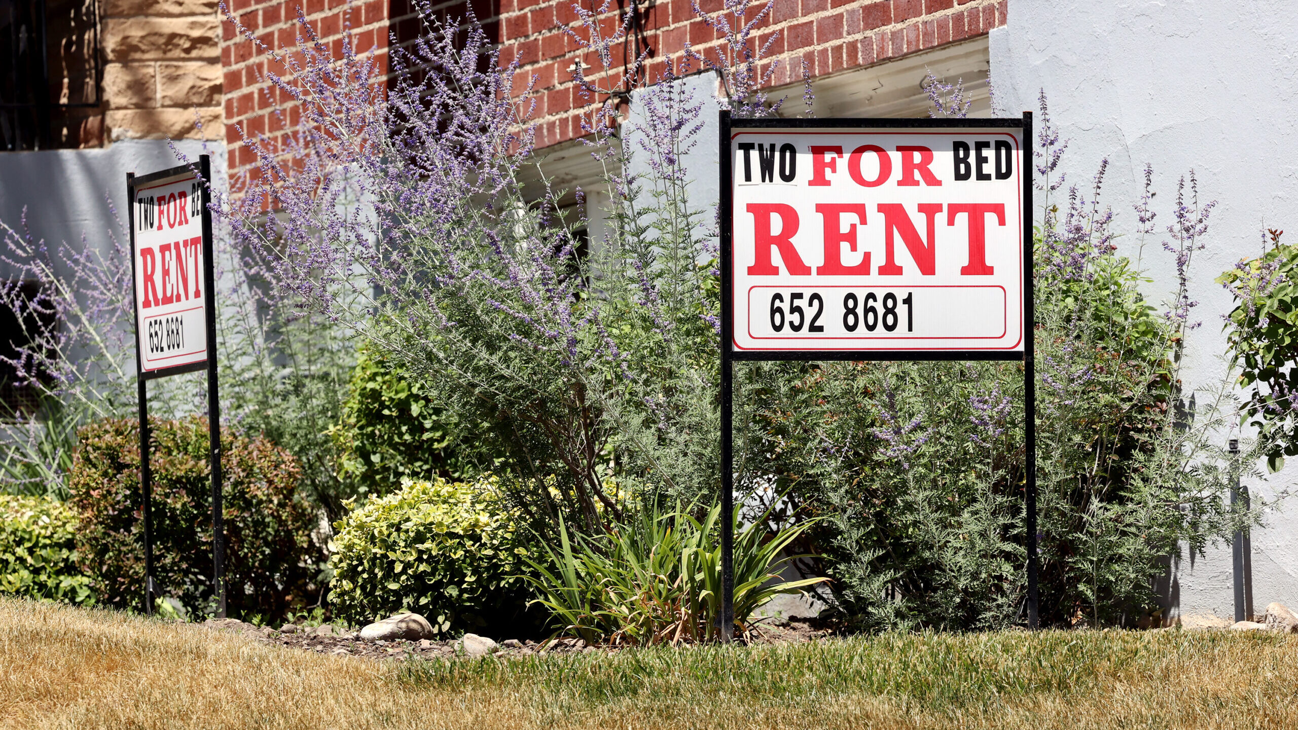 Rent signs are placed at a home in Salt Lake City on Monday, July 10, 2023. Rent prices are droppin...