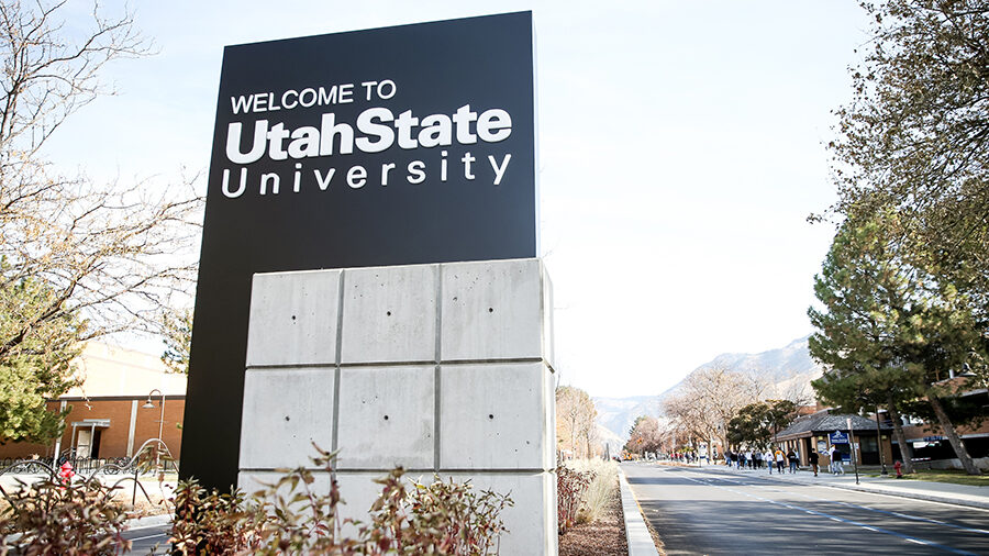 The Utah State University sign. A Utah State University lineman has been arrested on suspicion of f...