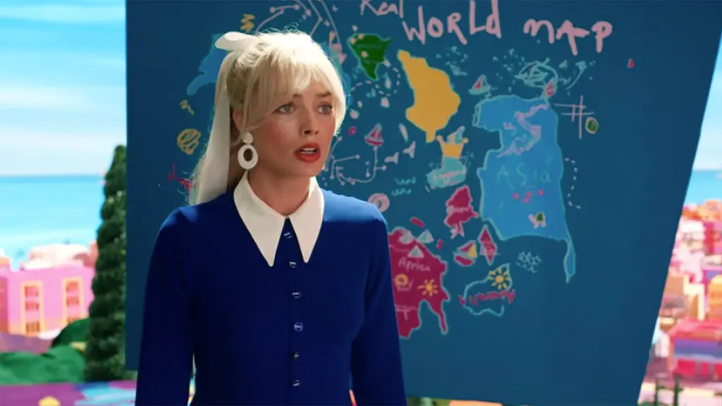 Margot Robbie as Barbie in upcoming movie. Controversial map in background....