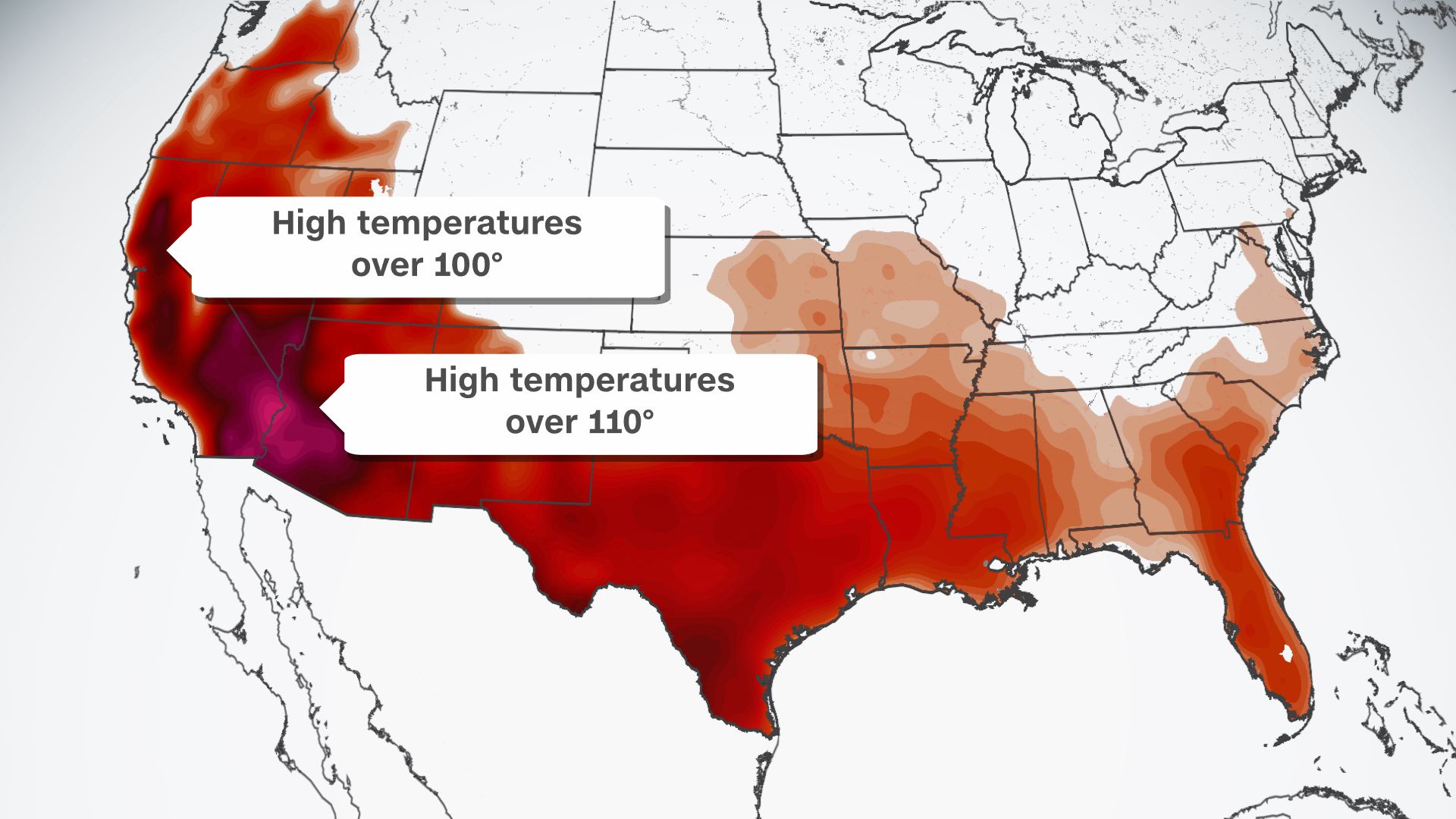 All of the areas shaded in red will exceed 90 degrees on Saturday. Photo credit: CNN....
