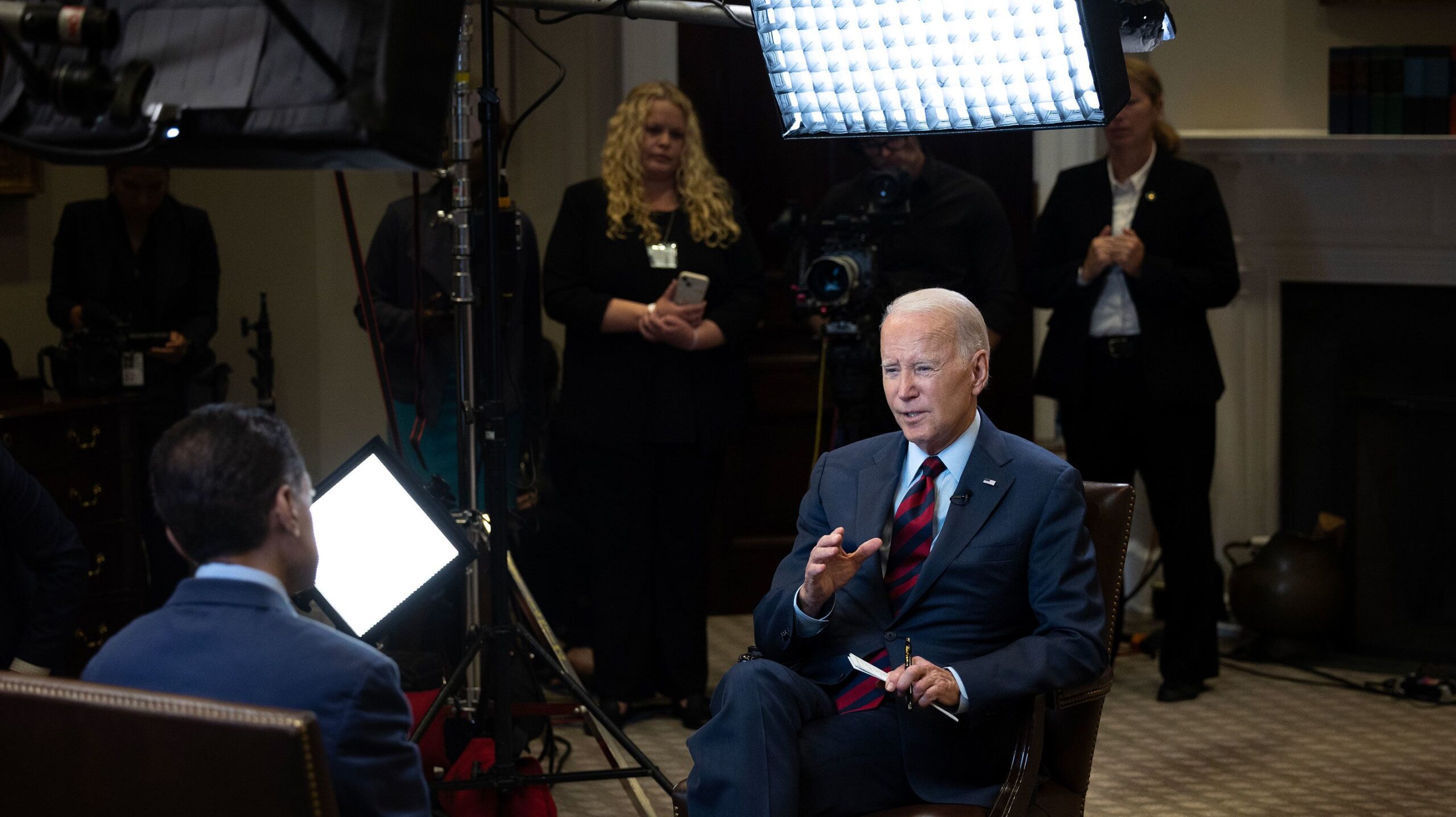 President Joe Biden speaks with CNN's Fareed Zakaria during a televised interview inside the Roosev...