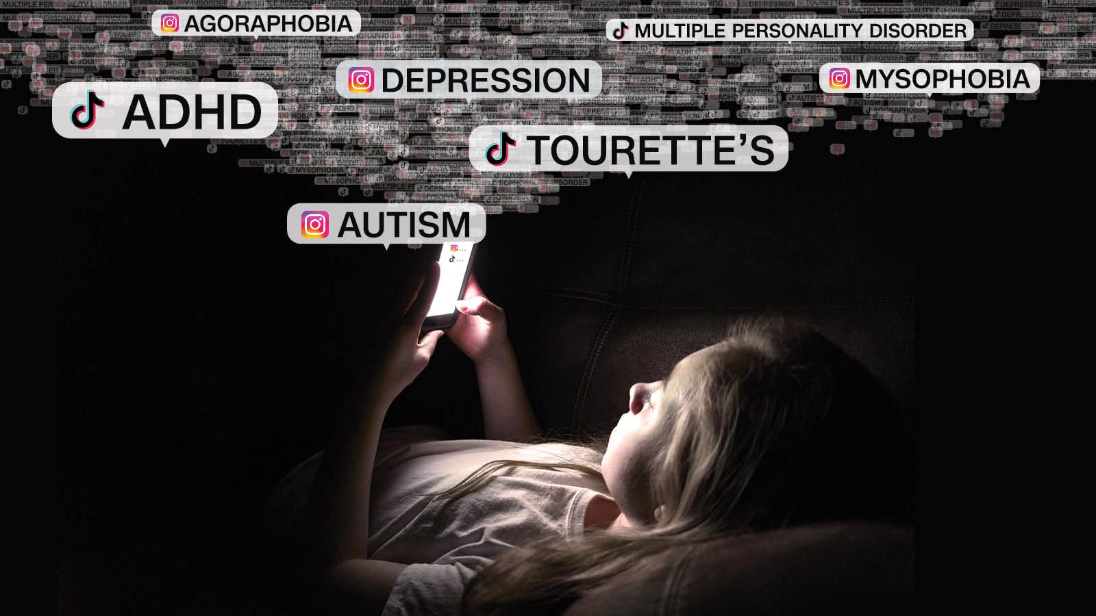 A photo illustration featuring youth on cell phone, images such as "ADHD" and "depression" above th...