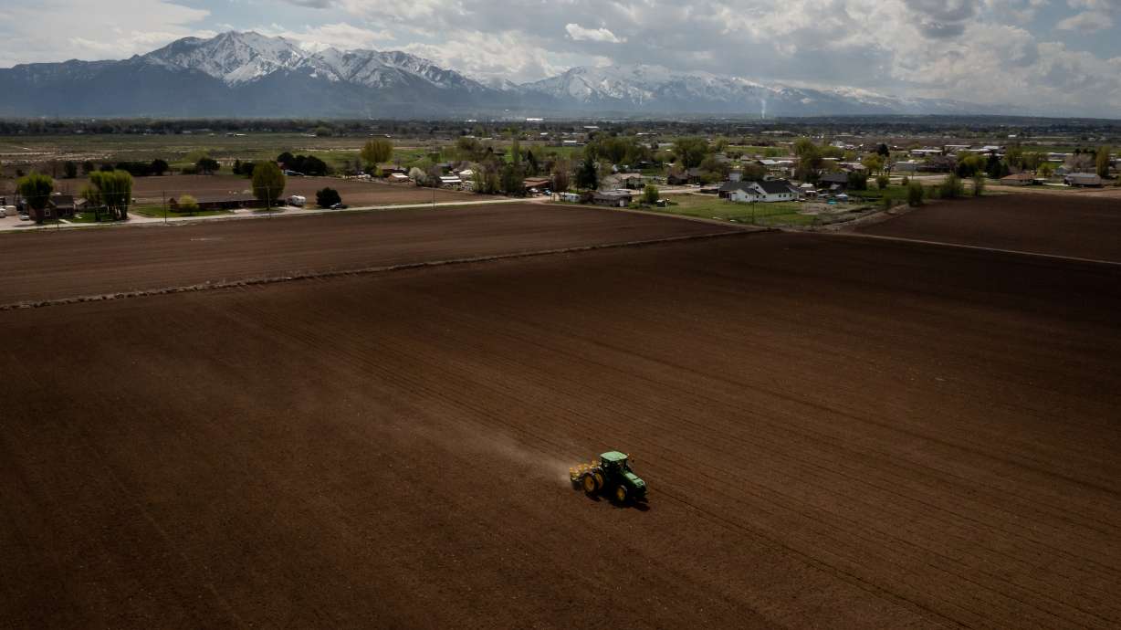 A tractor drives over a field. Utah agriculture officials say they expect to save more than 60,000 ...